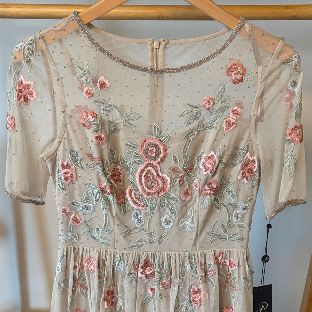 Adrianna Papell Nude Mesh Midi Dress with Pink and Sage Embroidery